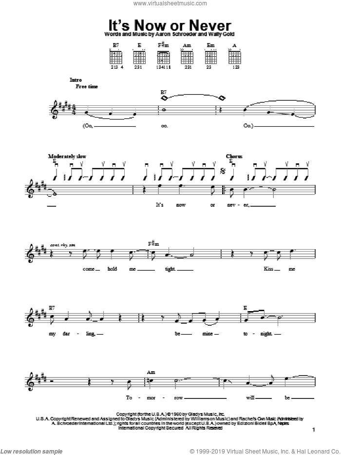 It's Now Or Never sheet music for guitar solo (chords) by Elvis Presley, Aaron Schroeder and Wally Gold, easy guitar (chords)