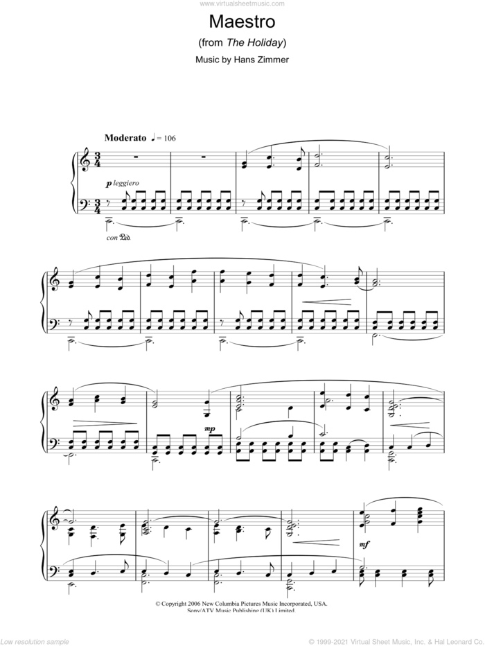 Maestro (from The Holiday), (intermediate) sheet music for piano solo by Hans Zimmer, intermediate skill level