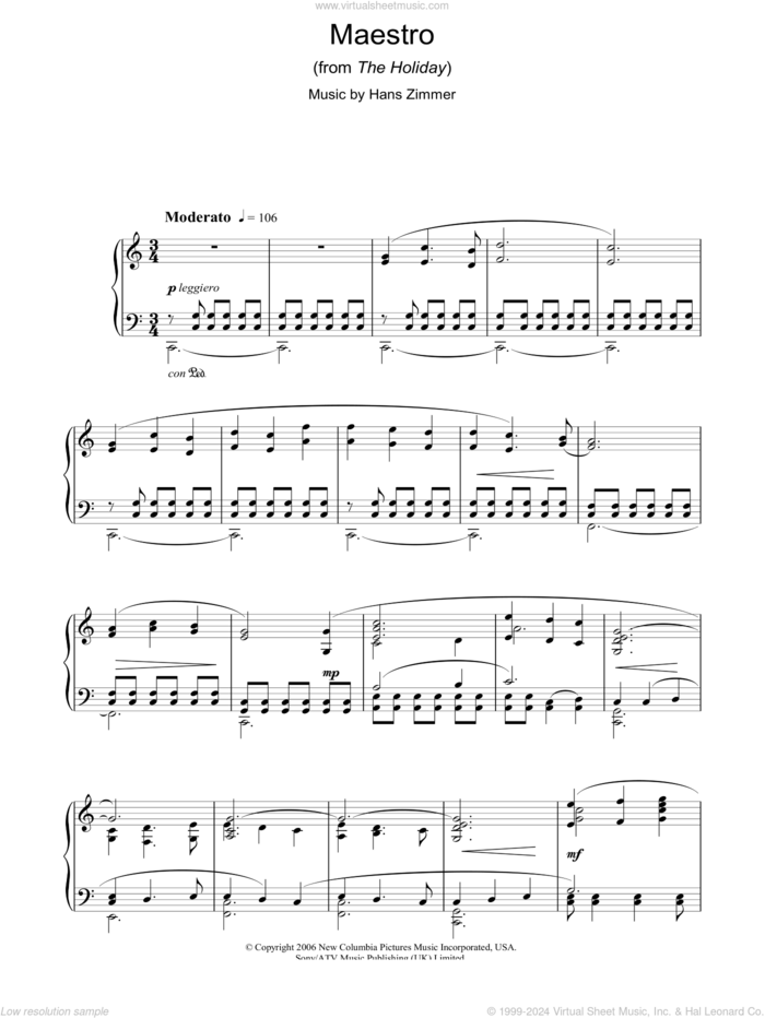 Maestro (from The Holiday), (intermediate) sheet music for piano solo by Hans Zimmer, intermediate skill level