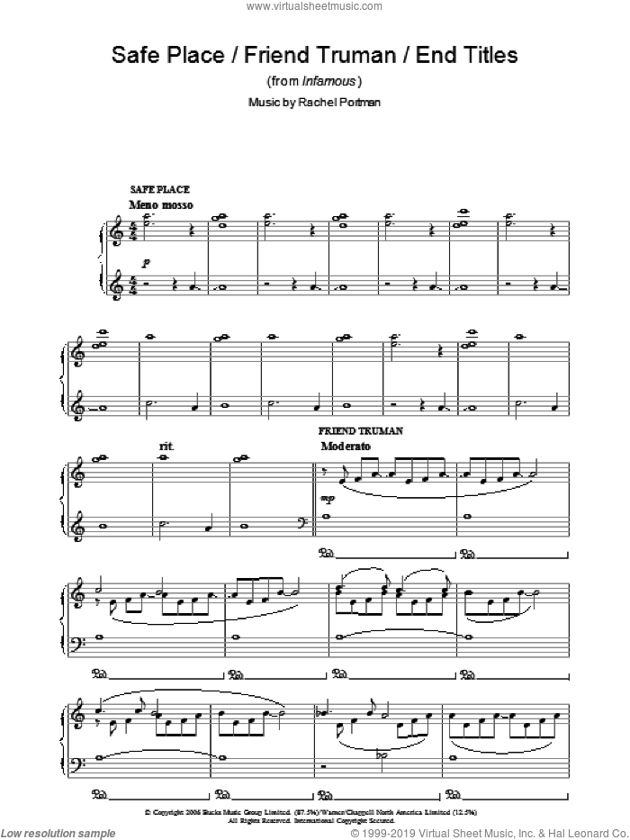 Safe Place/Friend Truman/End Titles (from Infamous) sheet music for piano solo by Rachel Portman, intermediate skill level