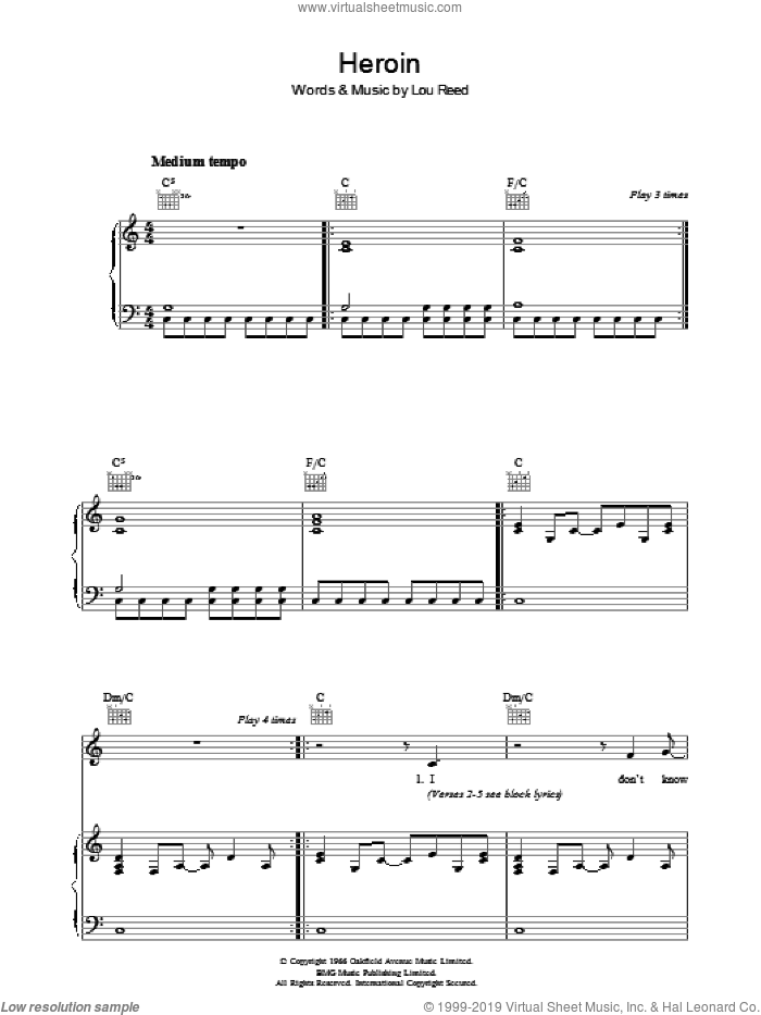 Heroin sheet music for voice, piano or guitar by Lou Reed, intermediate skill level