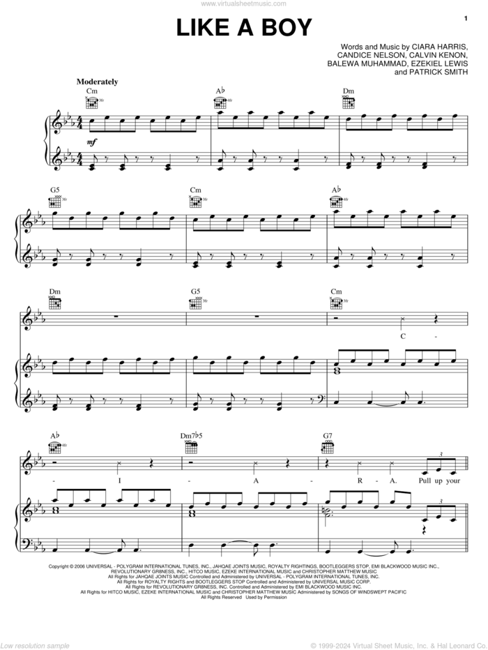 Like A Boy sheet music for voice, piano or guitar by Ciara, Balewa Muhammad, Calvin Kenon, Candice Nelson, Ciara Harris, Ezekiel Lewis and Patrick Smith, intermediate skill level