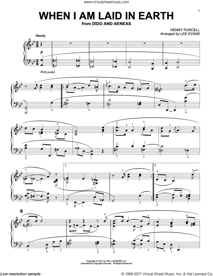 When I Am Laid In Earth (arr. Lee Evans) sheet music for piano solo by Henry Purcell and Lee Evans, classical score, intermediate skill level