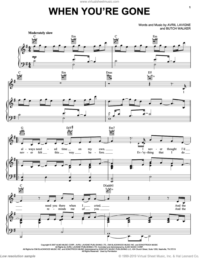 When You're Gone sheet music for voice, piano or guitar by Avril Lavigne and Butch Walker, intermediate skill level