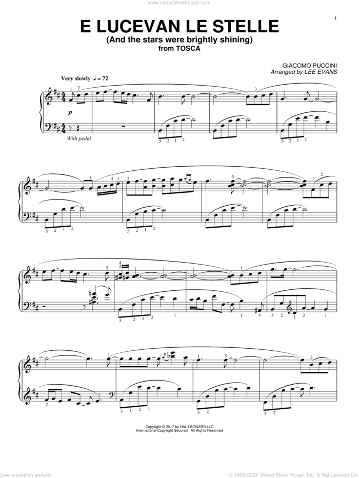 E lucevan le stelle from Tosca (arr. Lee Evans) sheet music for piano solo by Giacomo Puccini and Lee Evans, classical score, intermediate skill level