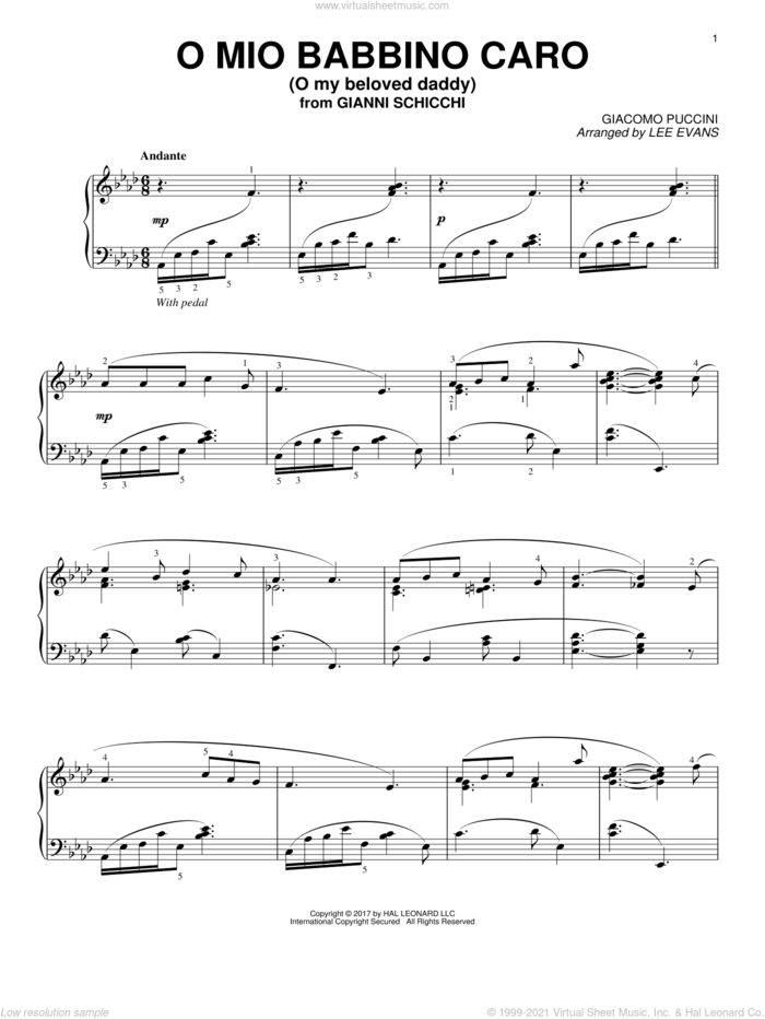 O Mio Babbino Caro (arr. Lee Evans) sheet music for piano solo by Giacomo Puccini and Lee Evans, classical score, intermediate skill level