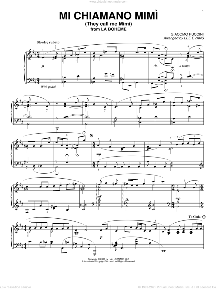 Me Chiamano Mimi (arr. Lee Evans) sheet music for piano solo by Giacomo Puccini and Lee Evans, classical score, intermediate skill level