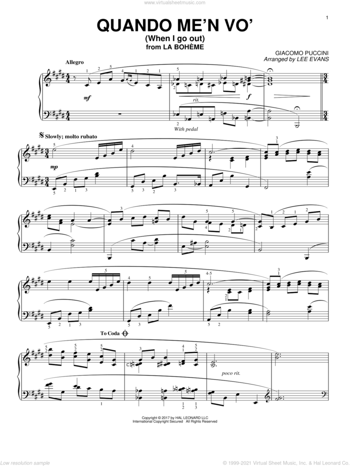 Quando Men Vo (arr. Lee Evans) sheet music for piano solo by Giacomo Puccini and Lee Evans, classical score, intermediate skill level