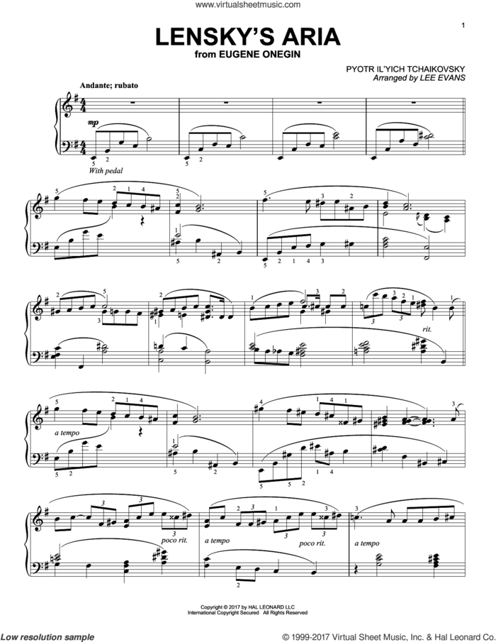 Lenski's Aria (arr. Lee Evans) sheet music for piano solo by Pyotr Ilyich Tchaikovsky and Lee Evans, classical score, intermediate skill level