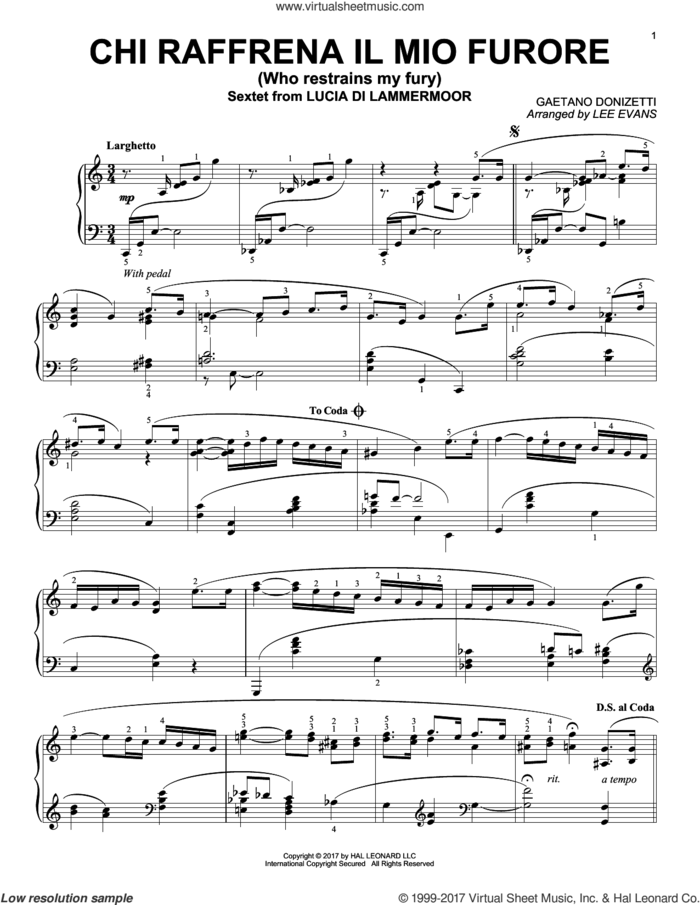 Sextet (Chi Raffrena Il Mio Furore) (arr. Lee Evans) sheet music for piano solo by Gaetano Donizetti and Lee Evans, classical score, intermediate skill level