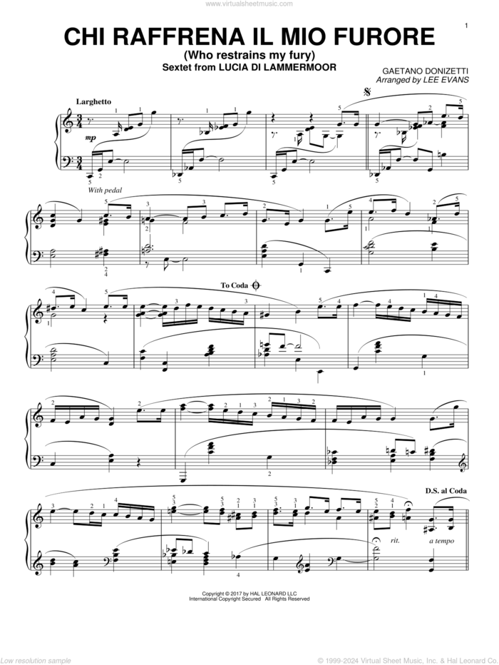 Sextet (Chi Raffrena Il Mio Furore) (arr. Lee Evans) sheet music for piano solo by Gaetano Donizetti and Lee Evans, classical score, intermediate skill level