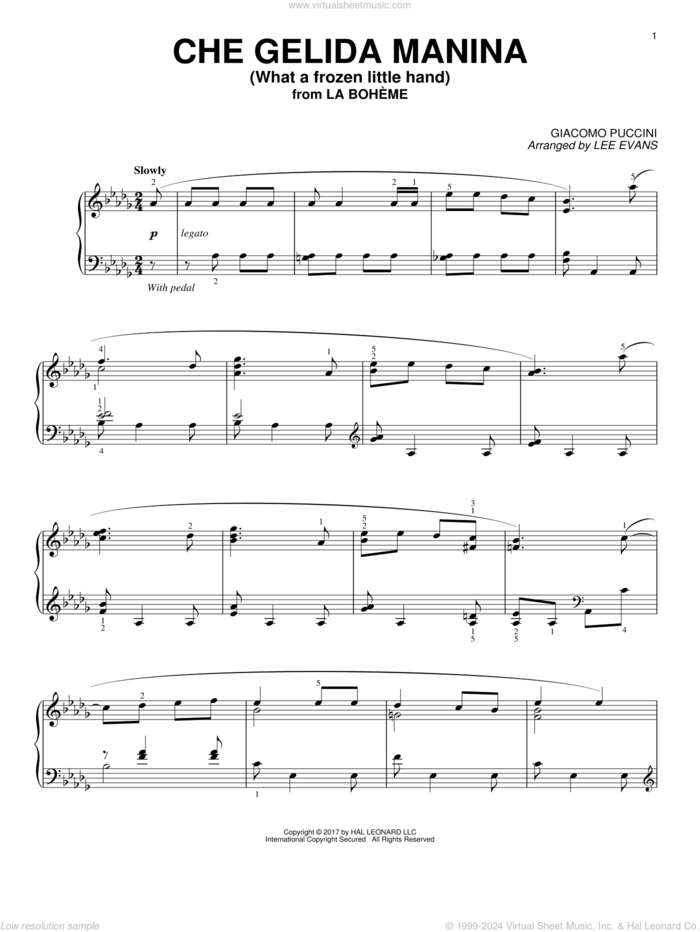 Che gelida manina from La Boheme (arr. Lee Evans) sheet music for piano solo by Giacomo Puccini and Lee Evans, classical score, intermediate skill level