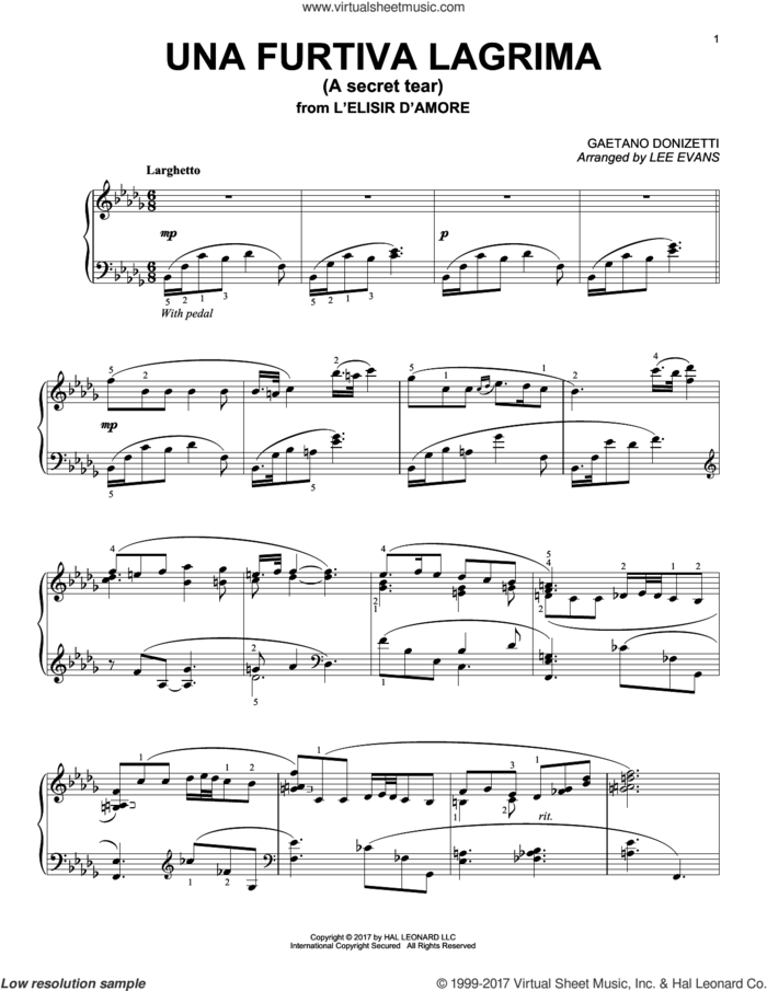 Una Furtiva Lagrima (The Elixir Of Love) (arr. Lee Evans) sheet music for piano solo by Gaetano Donizetti and Lee Evans, classical score, intermediate skill level
