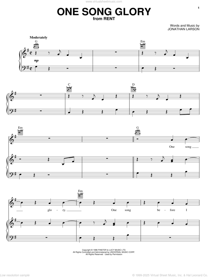 One Song Glory sheet music for voice, piano or guitar by Jonathan Larson and Rent (Musical), intermediate skill level