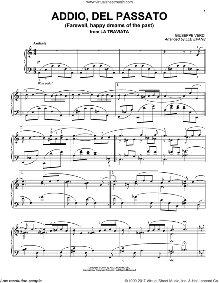 Addio, Del Passatto (arr. Lee Evans) sheet music for piano solo by Giuseppe Verdi and Lee Evans, classical score, intermediate skill level