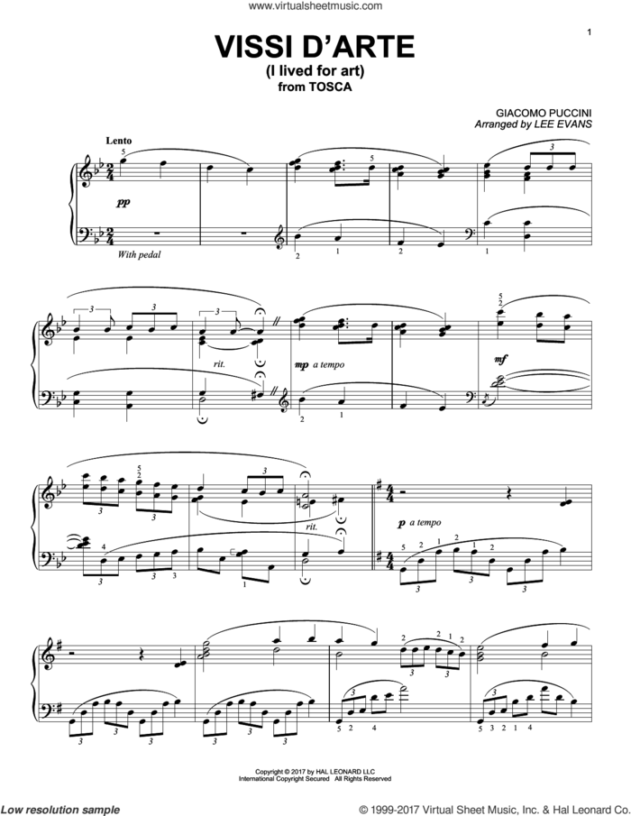 Vissi D'arte (arr. Lee Evans) sheet music for piano solo by Giacomo Puccini and Lee Evans, classical score, intermediate skill level