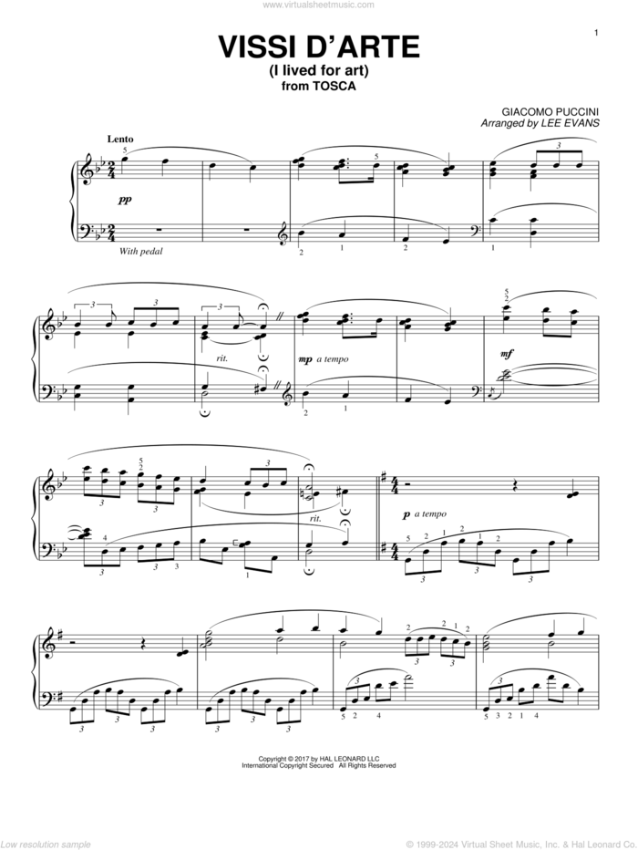 Vissi D'arte (arr. Lee Evans) sheet music for piano solo by Giacomo Puccini and Lee Evans, classical score, intermediate skill level