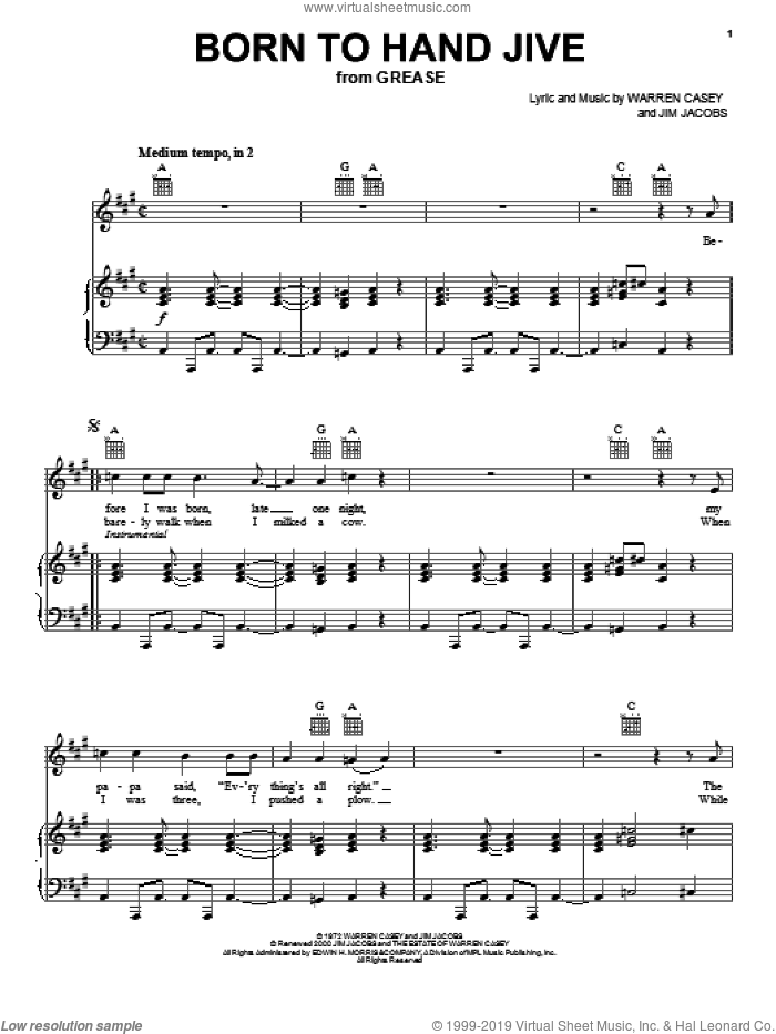 Born To Hand Jive (from Grease) sheet music for voice, piano or guitar by Sha Na Na, Grease (Musical), Jim Jacobs and Warren Casey, intermediate skill level