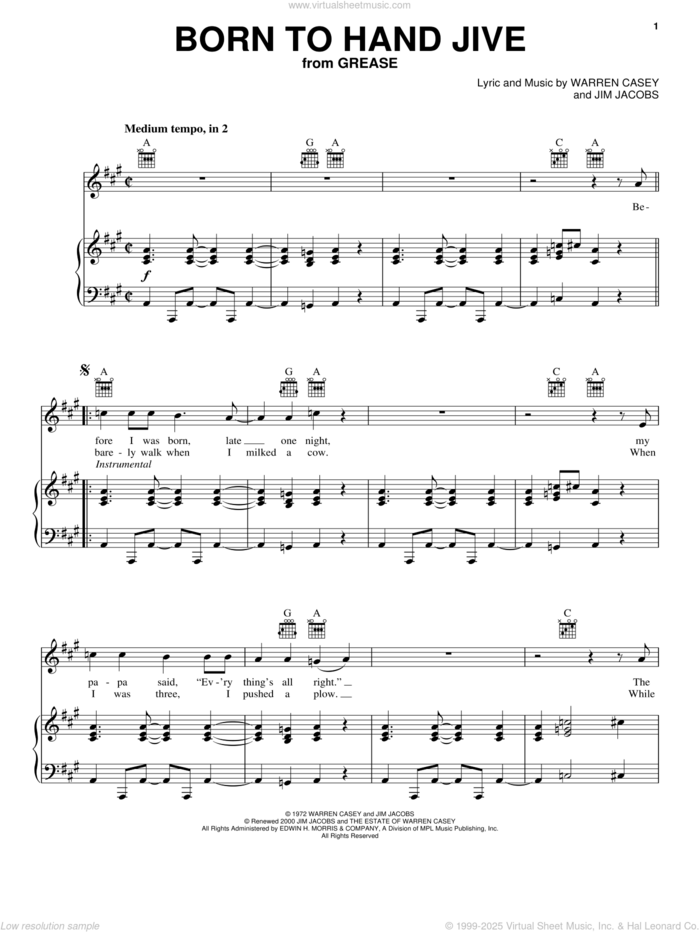 Born To Hand Jive (from Grease) sheet music for voice, piano or guitar by Sha Na Na, Grease (Musical), Jim Jacobs and Warren Casey, intermediate skill level