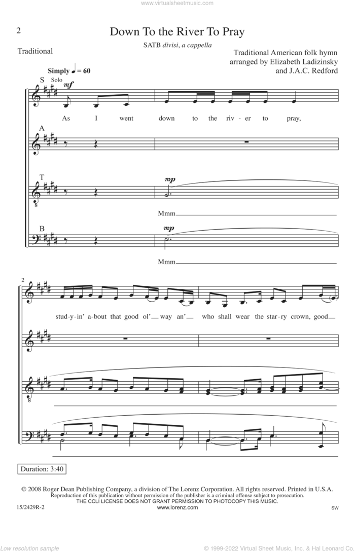 Down To The River To Pray sheet music for choir (SATB: soprano, alto, tenor, bass) by Jac Redford, Elizabeth Ladizinsky and Traditional American Folk Hymn, intermediate skill level
