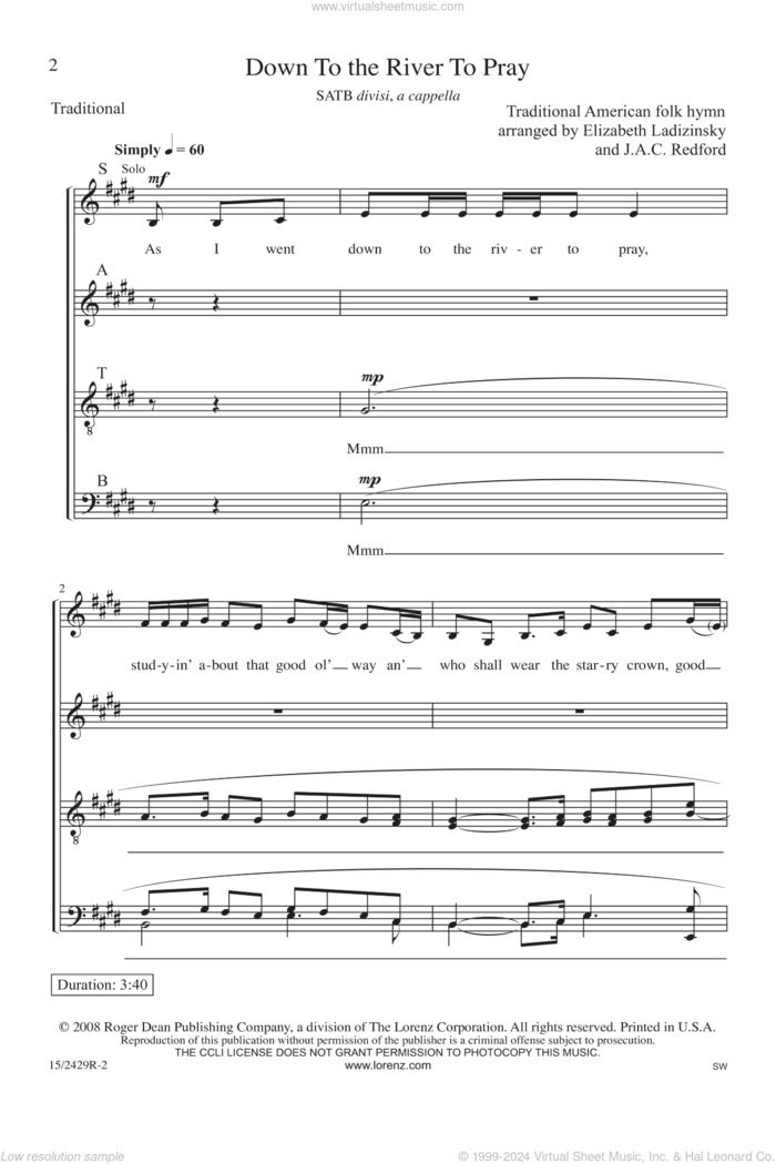 Down To The River To Pray sheet music for choir (SATB: soprano, alto, tenor, bass) by Jac Redford, Elizabeth Ladizinsky and Traditional American Folk Hymn, intermediate skill level