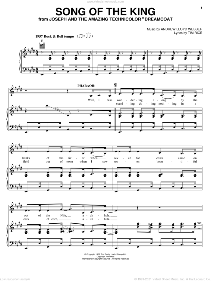 Song Of The King (from Joseph And The Amazing Technicolor Dreamcoat) sheet music for voice, piano or guitar by Andrew Lloyd Webber, Joseph And The Amazing Technicolor Dreamcoat (Musical) and Tim Rice, intermediate skill level