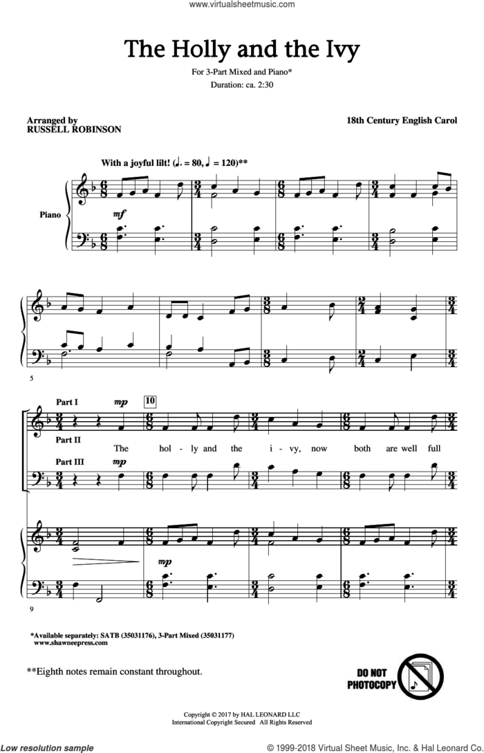 The Holly And The Ivy sheet music for choir (3-Part Mixed) by Russell Robinson and Miscellaneous, intermediate skill level