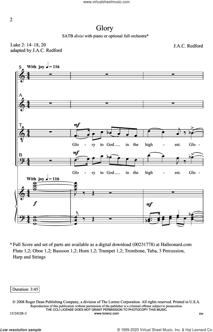 Glory sheet music for choir (SATB: soprano, alto, tenor, bass) by Jac Redford and Luke 2:14-18, 20, intermediate skill level