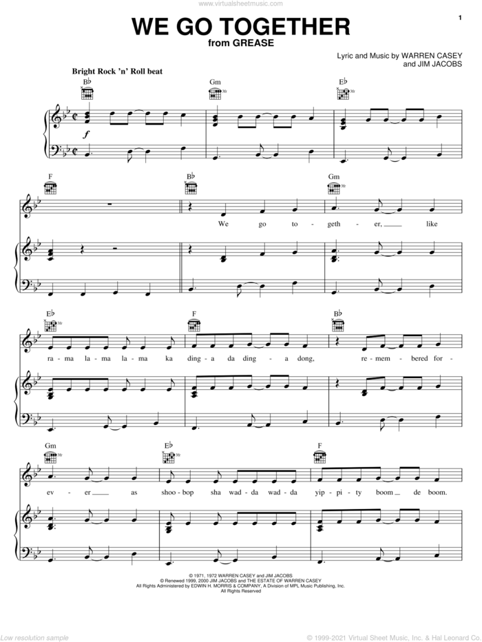 We Go Together (from Grease) sheet music for voice, piano or guitar by John Travolta, Grease (Musical), Jim Jacobs and Warren Casey, intermediate skill level