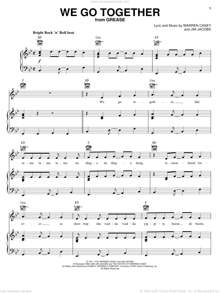 We Go Together (from Grease) sheet music for voice, piano or guitar by John Travolta, Grease (Musical), Jim Jacobs and Warren Casey, intermediate skill level