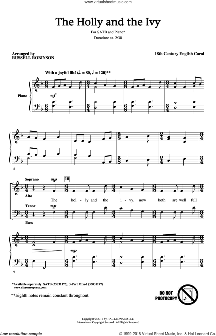 The Holly And The Ivy sheet music for choir (SATB: soprano, alto, tenor, bass) by Russell Robinson and Miscellaneous, intermediate skill level
