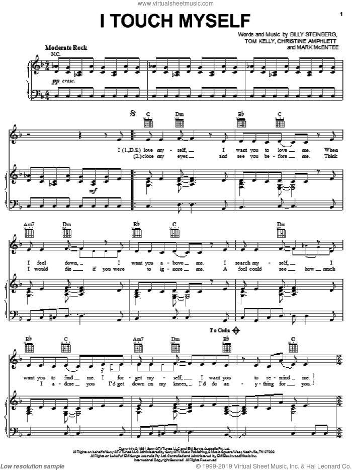 I Touch Myself sheet music for voice, piano or guitar by The Divinyls, Billy Steinberg, Christine Amphlett, Mark McEntee and Tom Kelly, intermediate skill level