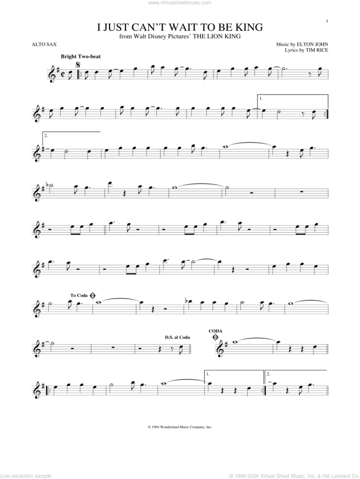 I Just Can't Wait To Be King (from The Lion King) sheet music for alto saxophone solo by Tim Rice and Elton John, intermediate skill level