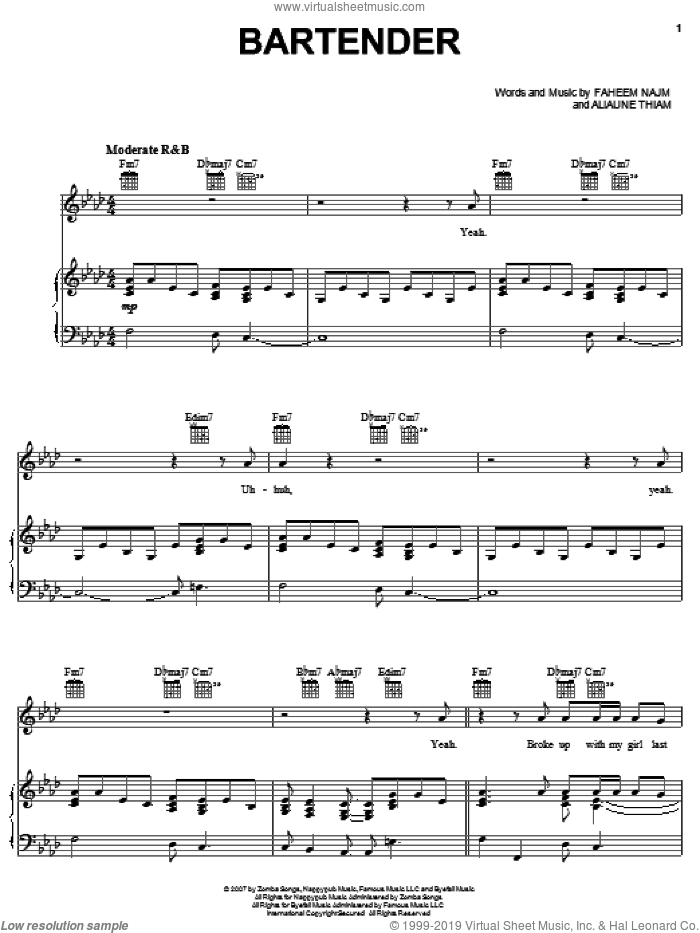 Bartender sheet music for voice, piano or guitar by T-Pain featuring Akon, Akon, T-Pain, Aliaune Thiam and Faheem Najm, intermediate skill level