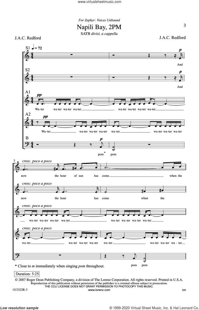 Napili Bay, 2PM sheet music for choir (SATB: soprano, alto, tenor, bass) by Jac Redford, intermediate skill level