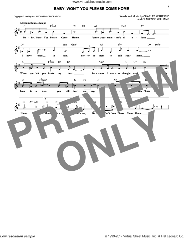 Baby, Won't You Please Come Home sheet music for voice and other instruments (fake book) by Clarence Williams, Bessie Smith and Charles Warfield, intermediate skill level