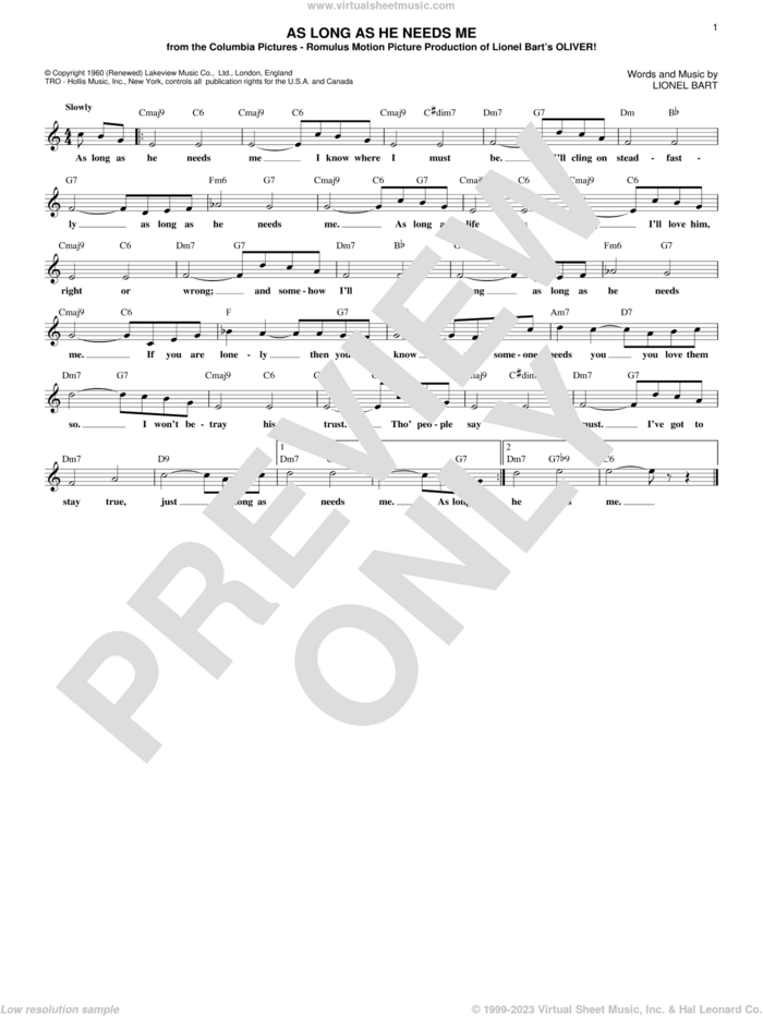 As Long As He Needs Me (from the musical Oliver!) sheet music for voice and other instruments (fake book) by Lionel Bart, intermediate skill level