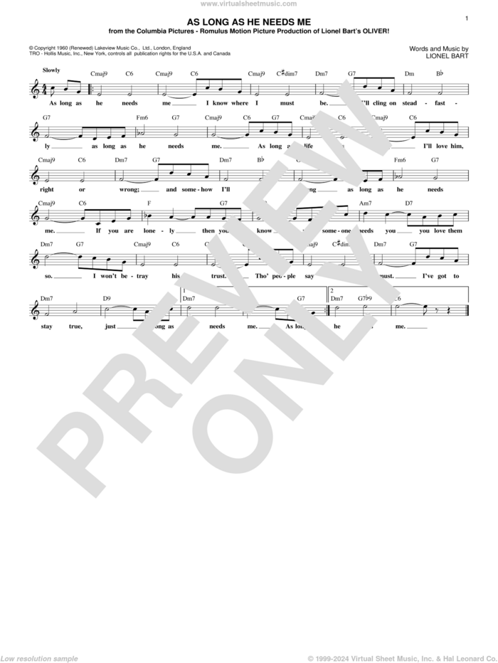 As Long As He Needs Me sheet music for voice and other instruments (fake book) by Lionel Bart, intermediate skill level