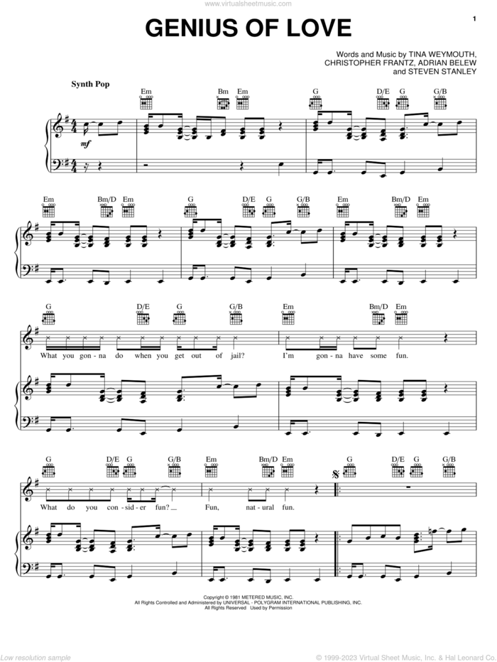 Genius Of Love sheet music for voice, piano or guitar by Tom Tom Club, Adrian Belew, Christopher Frantz, Steven Stanley and Tina Weymouth, intermediate skill level