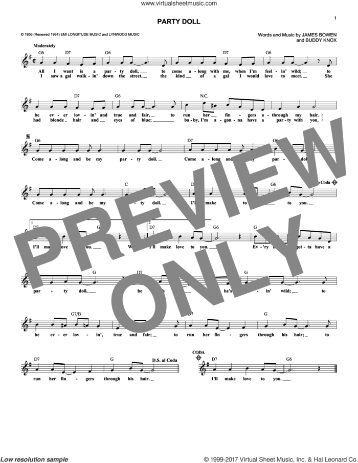 Party Doll sheet music for voice and other instruments (fake book) by James Bowen and Buddy Knox, intermediate skill level