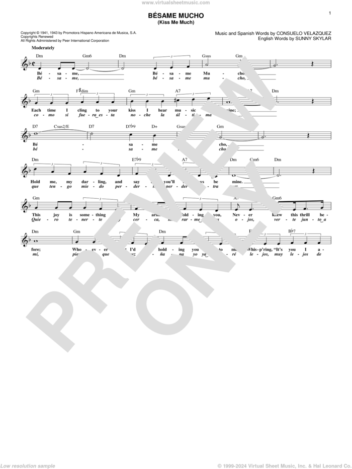 Besame Mucho (Kiss Me Much) sheet music for voice and other instruments (fake book) by Consuelo Velazquez, The Beatles and The Coasters, intermediate skill level