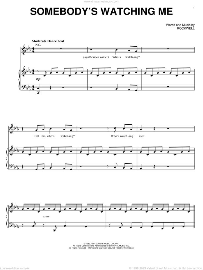 Somebody's Watching Me sheet music for voice, piano or guitar by Rockwell, intermediate skill level