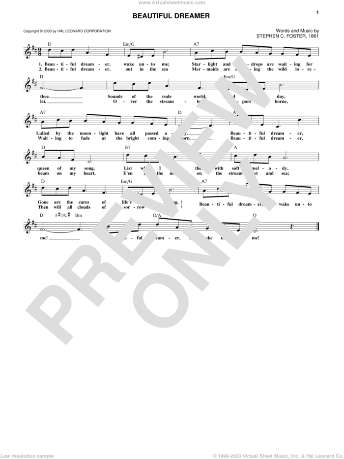 Beautiful Dreamer sheet music for voice and other instruments (fake book) by Stephen Foster, intermediate skill level
