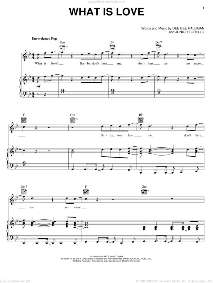 What Is Love sheet music for voice, piano or guitar by Haddaway, Dee Dee Halligan and Junior Torello, intermediate skill level