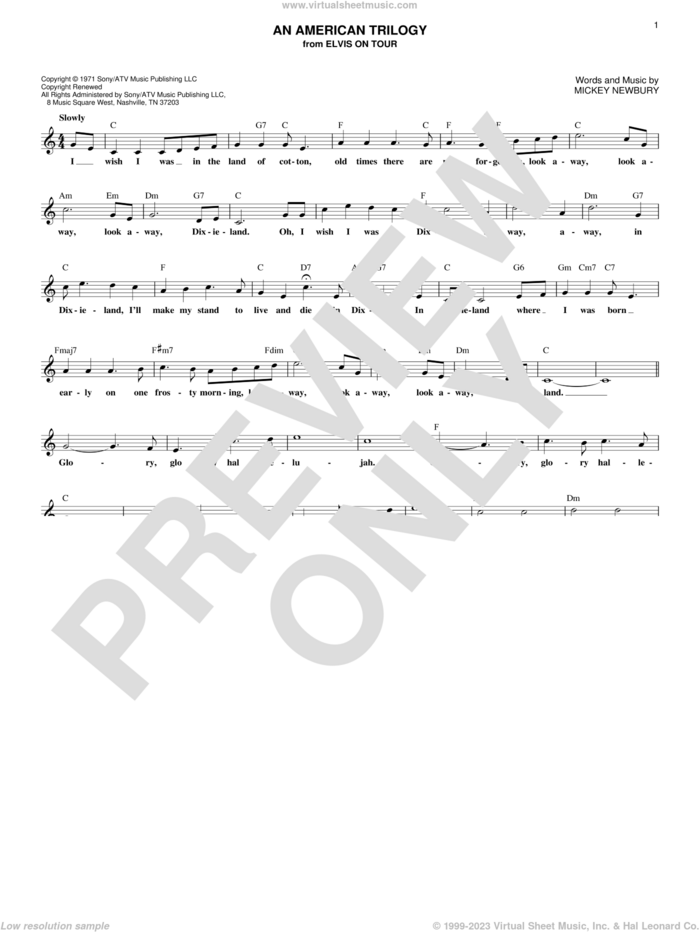 An American Trilogy sheet music for voice and other instruments (fake book) by Mickey Newbury and Elvis Presley, intermediate skill level