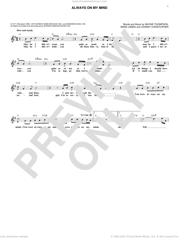 Always On My Mind sheet music for voice and other instruments (fake book) by Wayne Thompson, Elvis Presley, Michael Buble, The Pet Shop Boys, Willie Nelson, Johnny Christopher and Mark James, intermediate skill level
