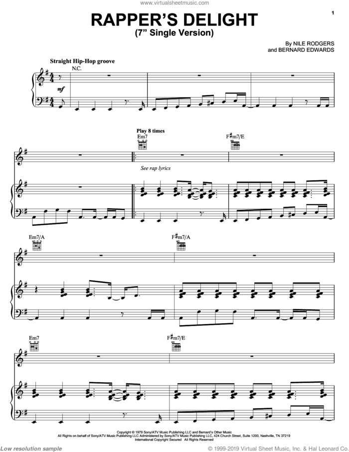 Rapper's Delight sheet music for voice, piano or guitar by The Sugarhill Gang, Bernard Edwards and Nile Rodgers, intermediate skill level