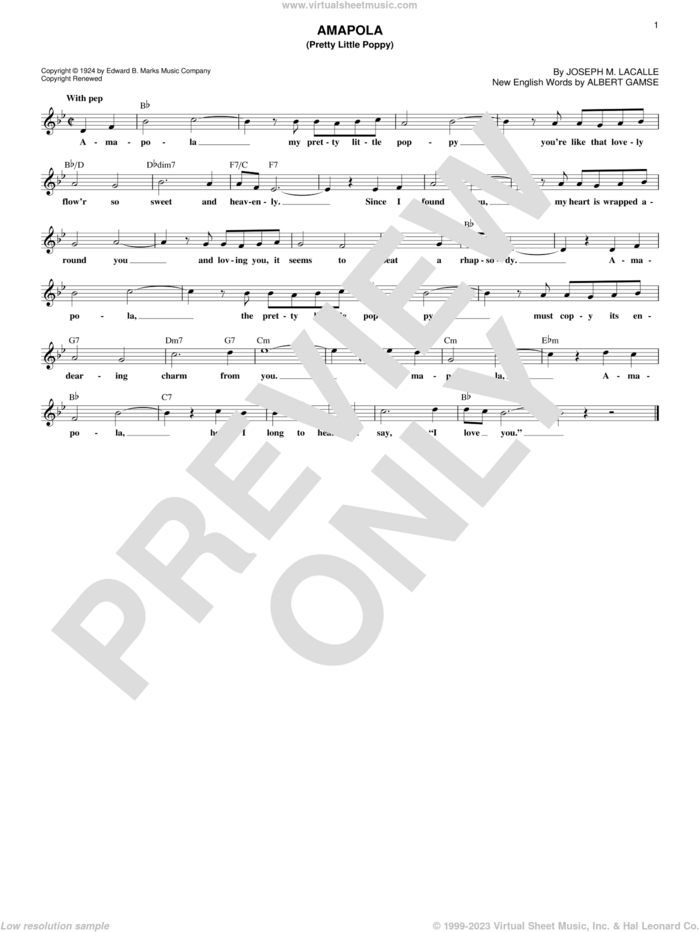 Amapola (Pretty Little Poppy) sheet music for voice and other instruments (fake book) by Joseph M. Lacalle and Albert Gamse, intermediate skill level