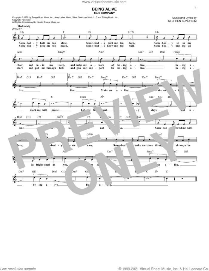 Being Alive sheet music for voice and other instruments (fake book) by Stephen Sondheim, intermediate skill level