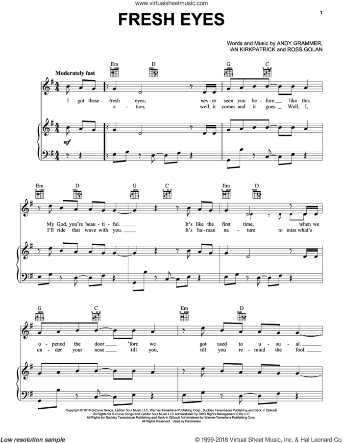 Fresh Eyes sheet music for voice, piano or guitar by Andy Grammer, Ian Kirkpatrick and Ross Golan, intermediate skill level
